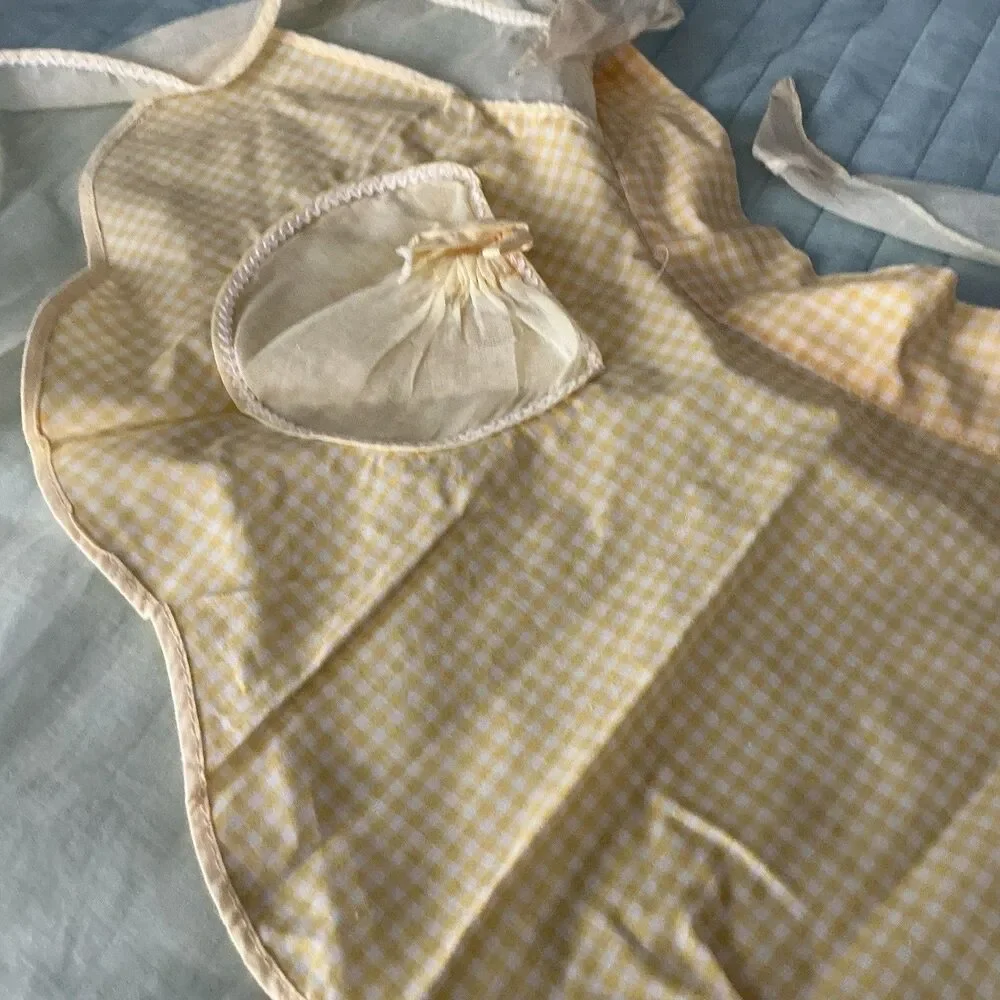 Vintage Yellow Gingham Apron w/ Matching Drawstring Pouch Handmade Cottagecore